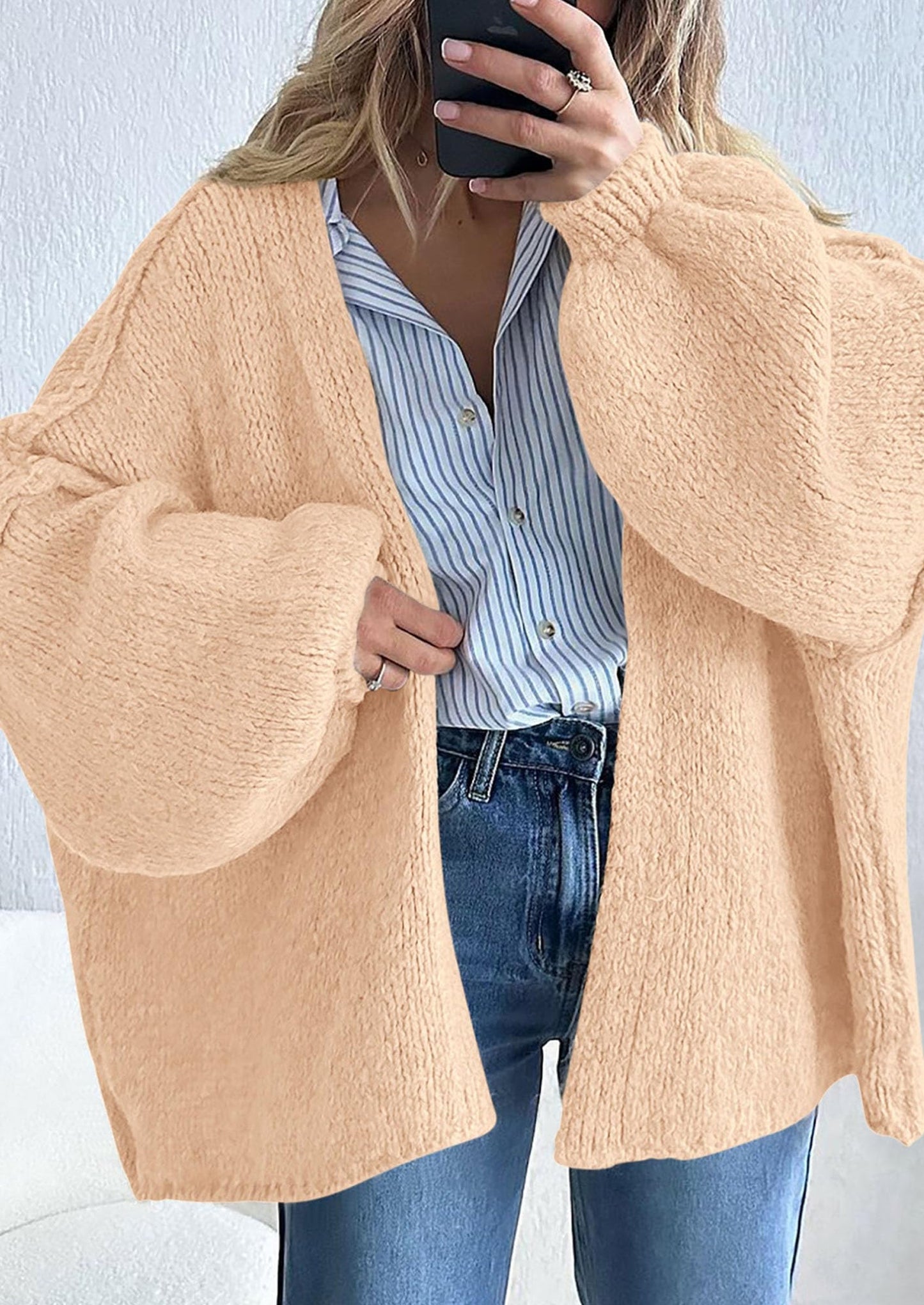 PRETTYGARDEN Womens Oversized Cardigan Sweaters Fall Long Lantern Sleeve Knit Open Front Lightweight Sweater