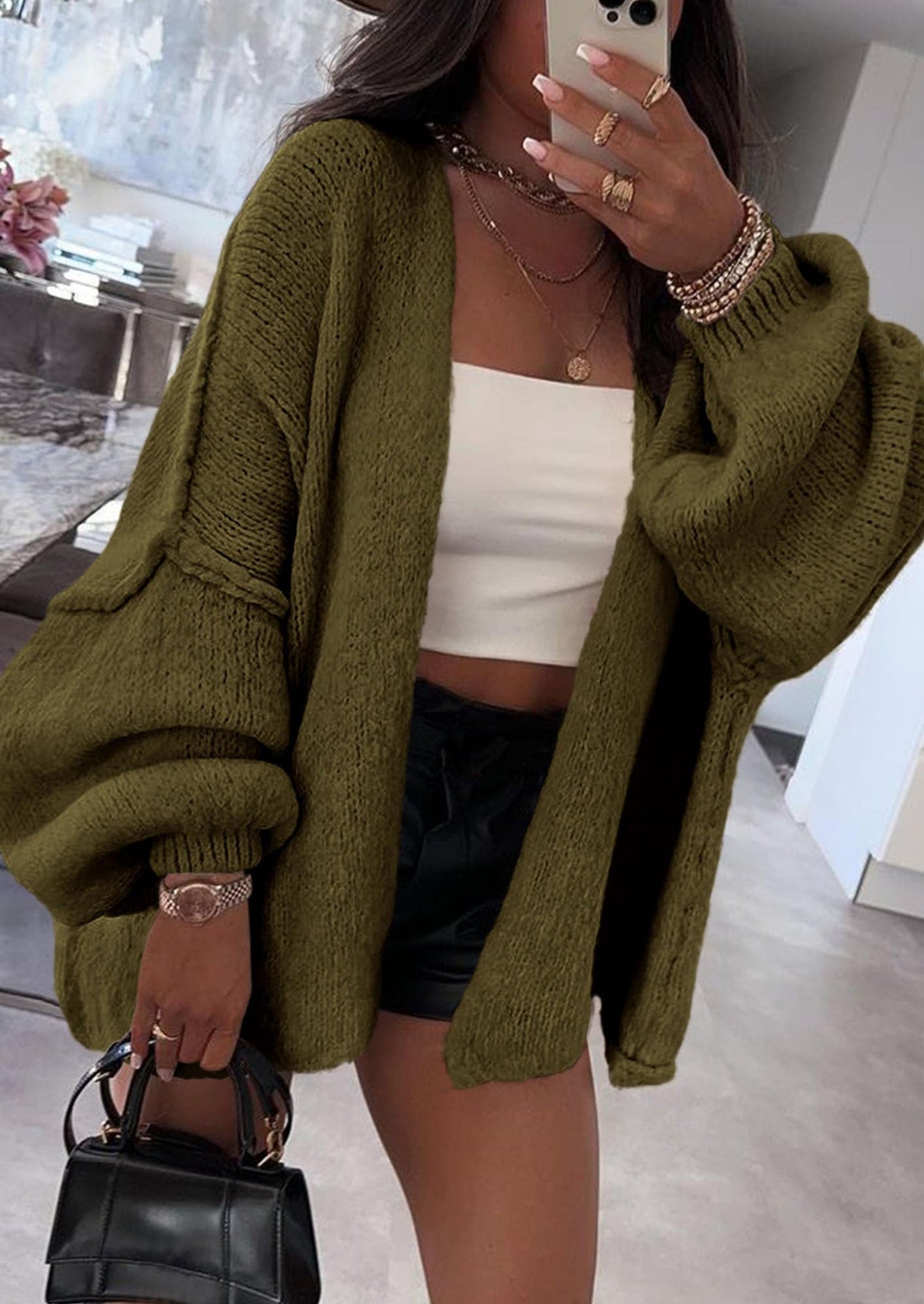 PRETTYGARDEN Womens Oversized Cardigan Sweaters Fall Long Lantern Sleeve Knit Open Front Lightweight Sweater