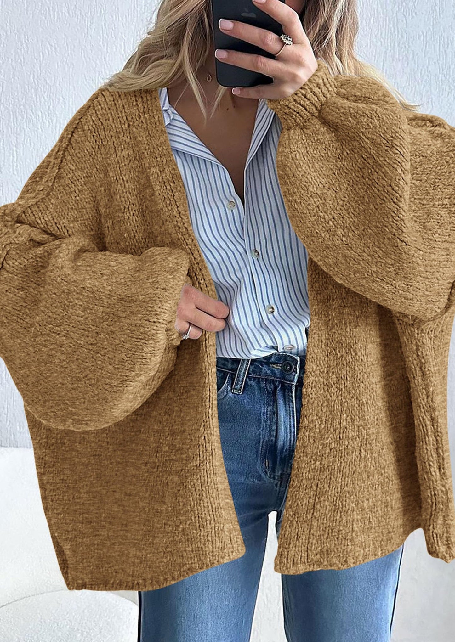 PRETTYGARDEN Womens Oversized Cardigan Sweaters Fall Long Lantern Sleeve Knit Open Front Lightweight Sweater