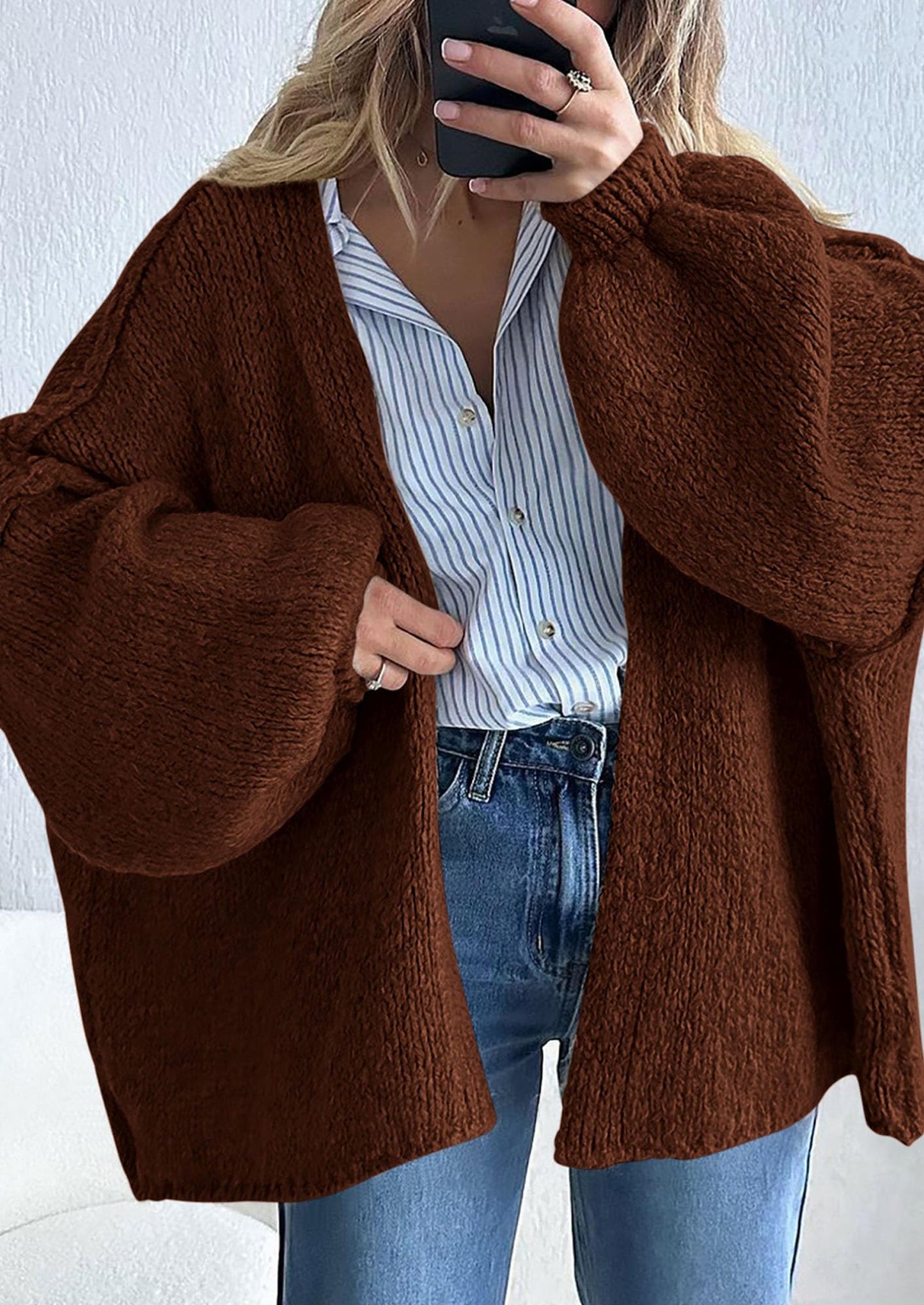 PRETTYGARDEN Womens Oversized Cardigan Sweaters Fall Long Lantern Sleeve Knit Open Front Lightweight Sweater