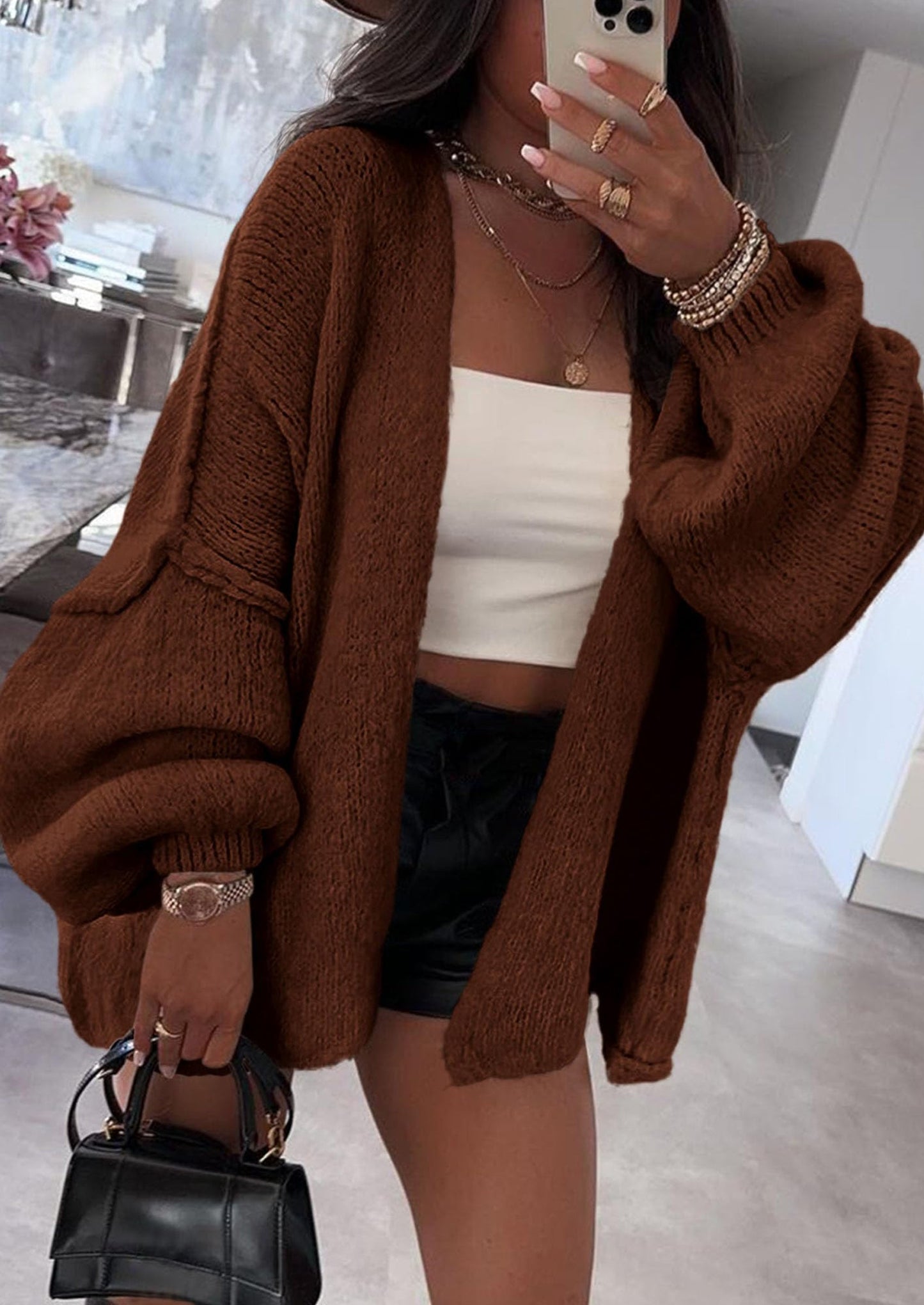 PRETTYGARDEN Womens Oversized Cardigan Sweaters Fall Long Lantern Sleeve Knit Open Front Lightweight Sweater