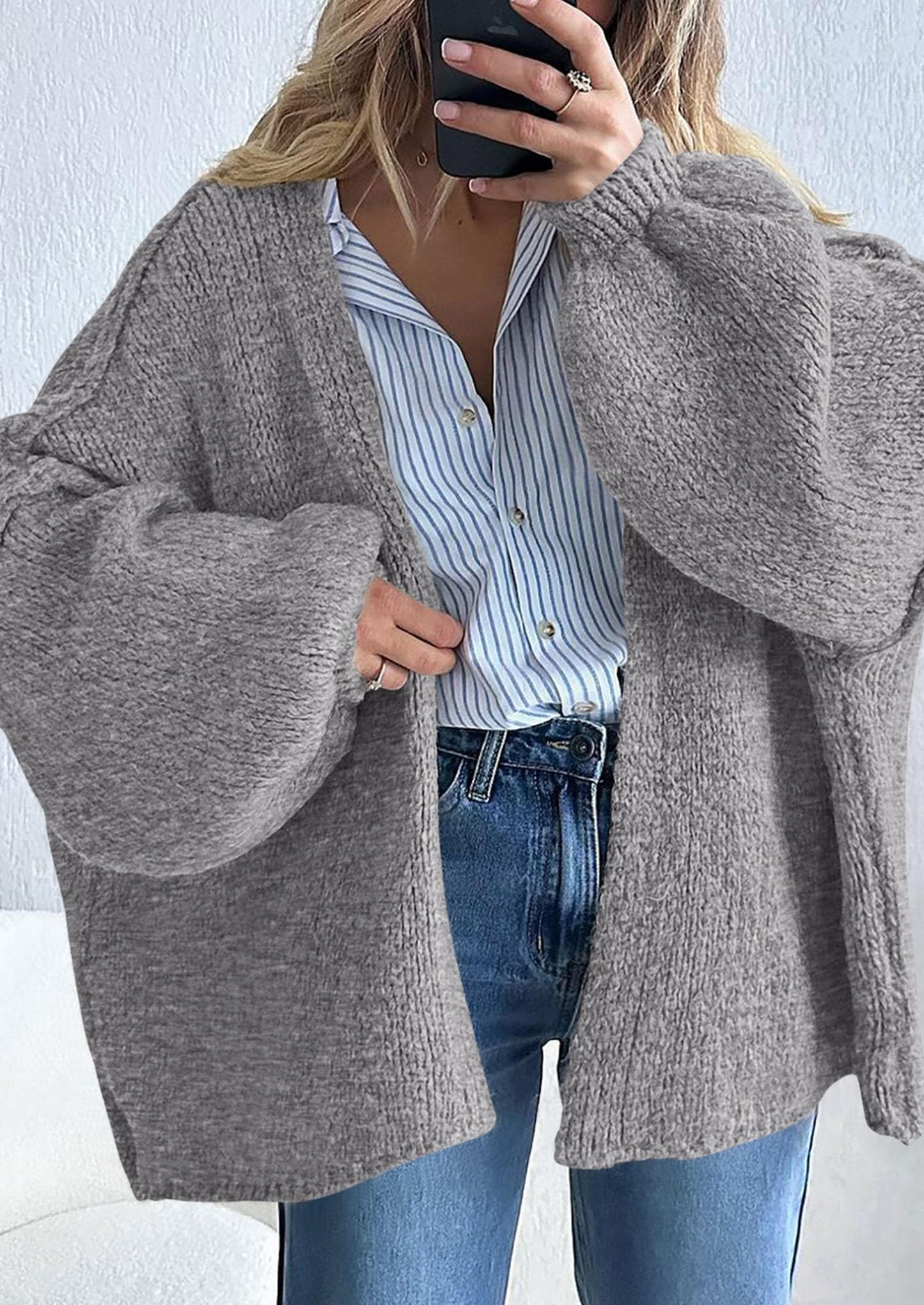 PRETTYGARDEN Womens Oversized Cardigan Sweaters Fall Long Lantern Sleeve Knit Open Front Lightweight Sweater