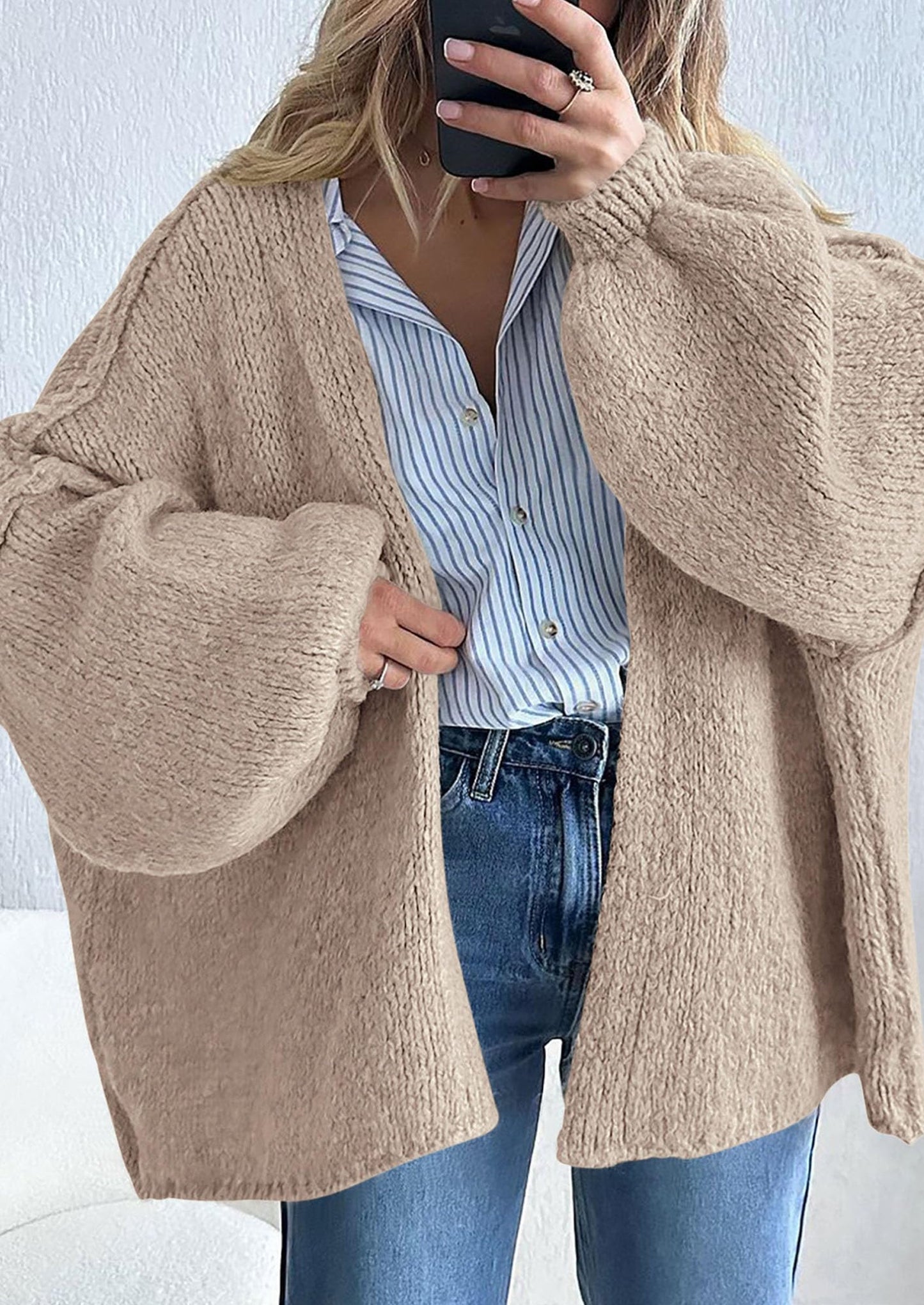 PRETTYGARDEN Womens Oversized Cardigan Sweaters Fall Long Lantern Sleeve Knit Open Front Lightweight Sweater
