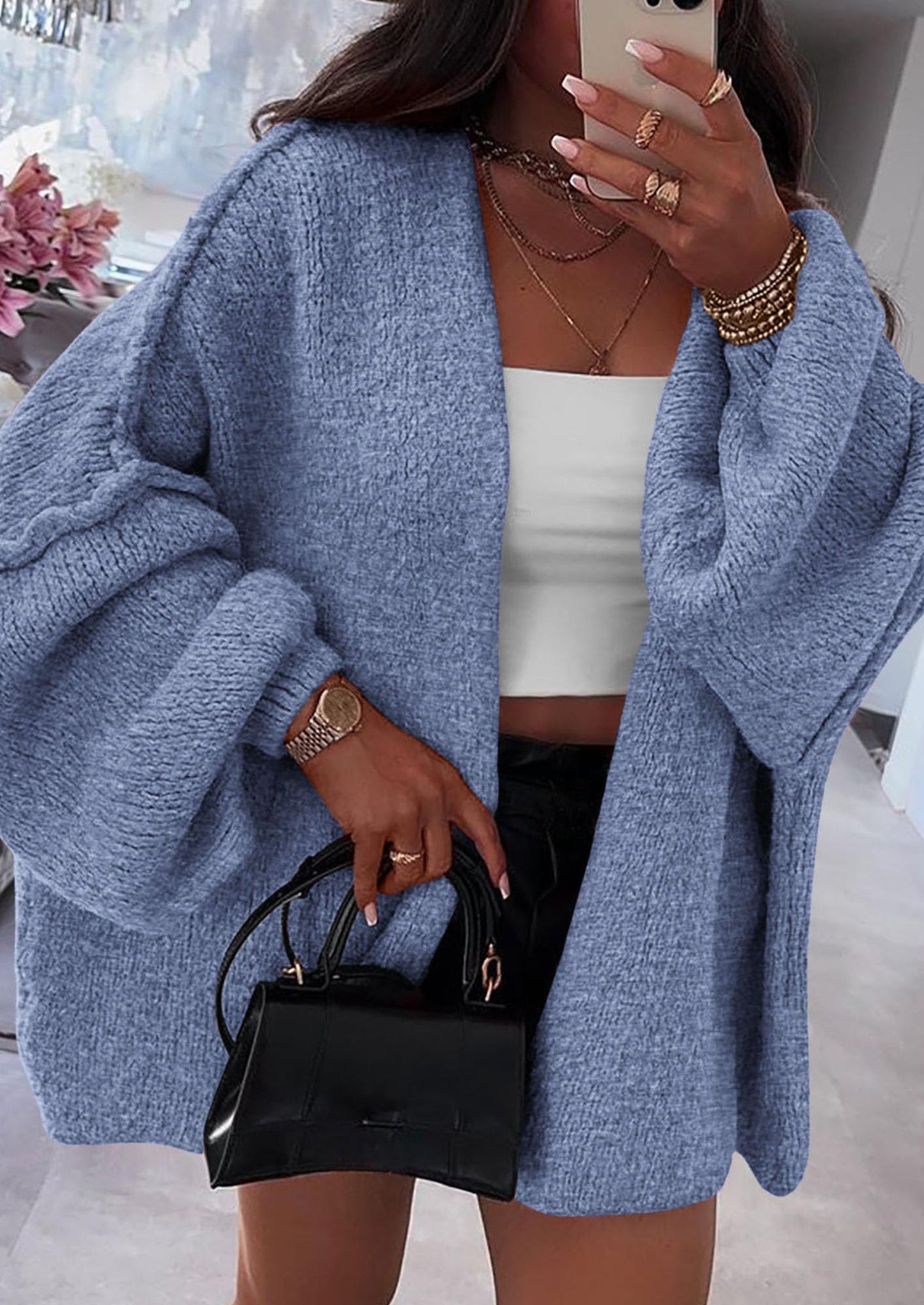 PRETTYGARDEN Womens Oversized Cardigan Sweaters Fall Long Lantern Sleeve Knit Open Front Lightweight Sweater