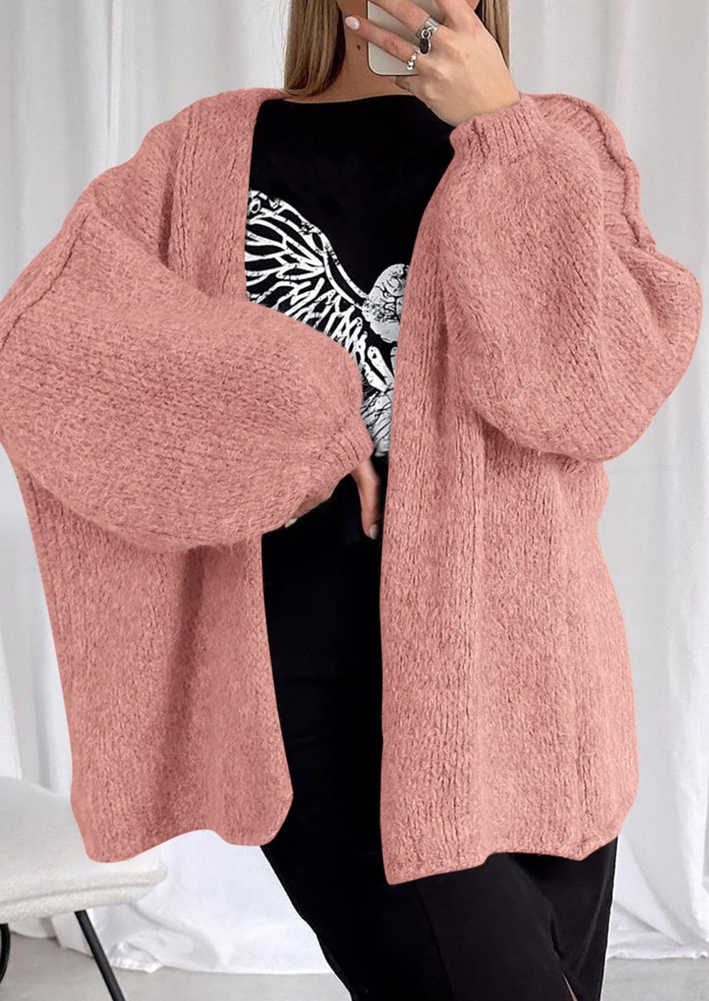 PRETTYGARDEN Womens Oversized Cardigan Sweaters Fall Long Lantern Sleeve Knit Open Front Lightweight Sweater