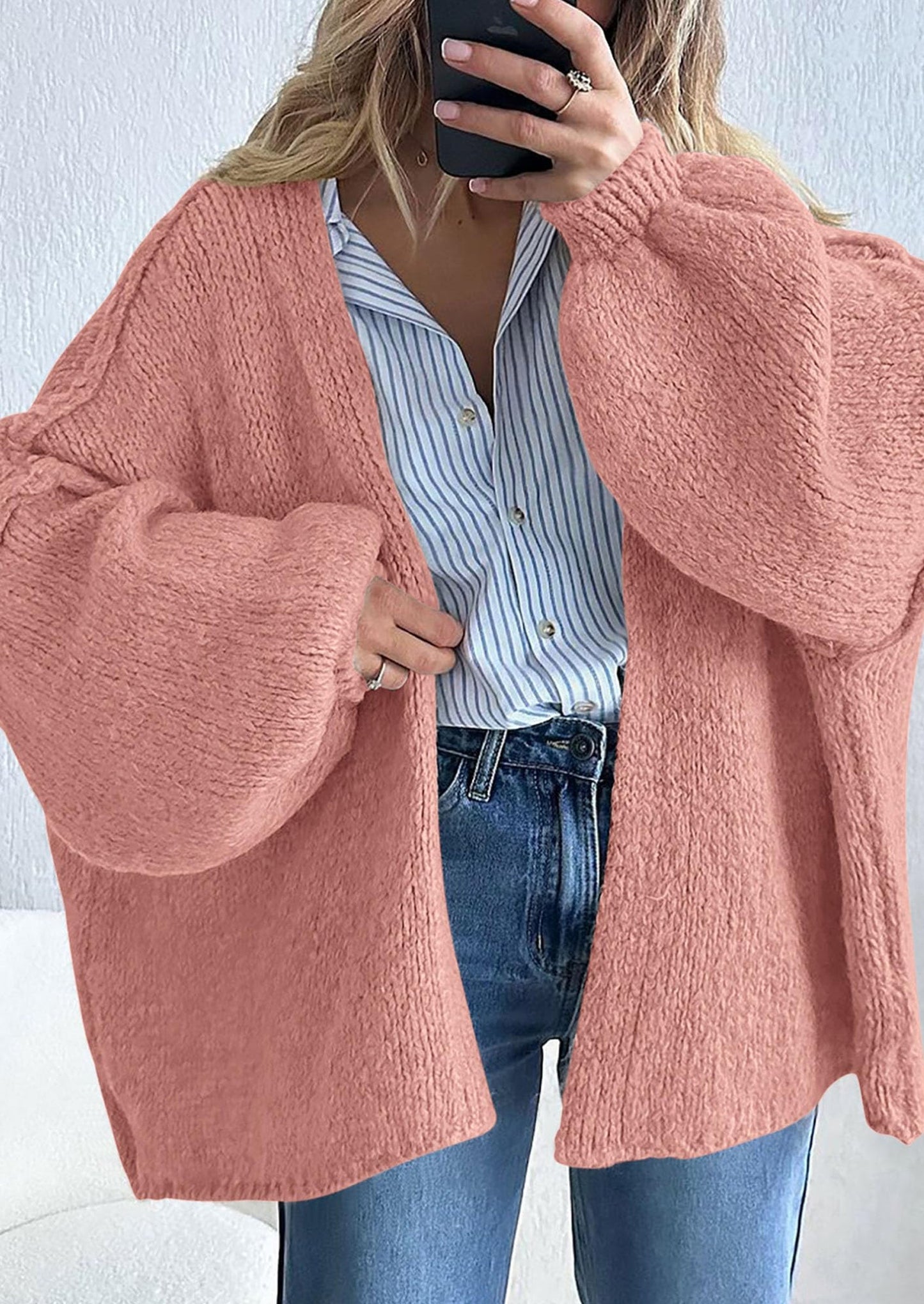 PRETTYGARDEN Womens Oversized Cardigan Sweaters Fall Long Lantern Sleeve Knit Open Front Lightweight Sweater