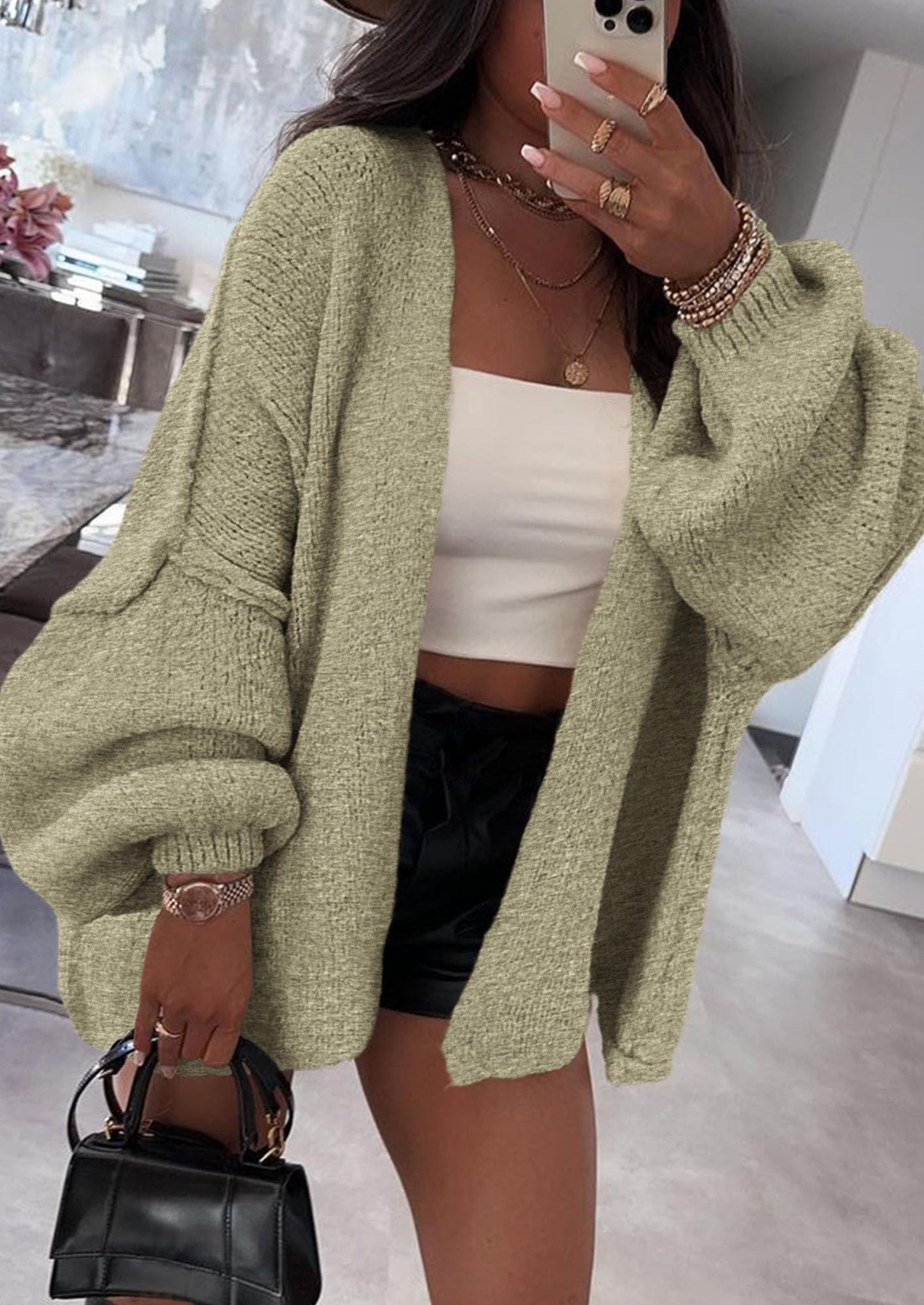 PRETTYGARDEN Womens Oversized Cardigan Sweaters Fall Long Lantern Sleeve Knit Open Front Lightweight Sweater