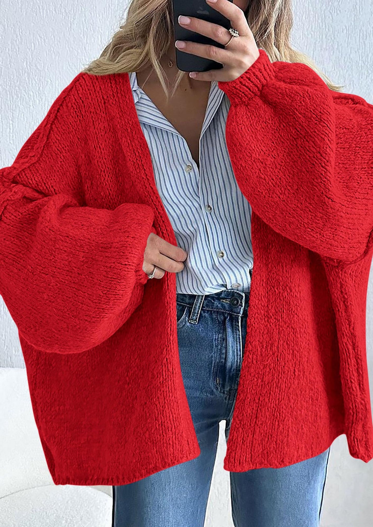 PRETTYGARDEN Womens Oversized Cardigan Sweaters Fall Long Lantern Sleeve Knit Open Front Lightweight Sweater