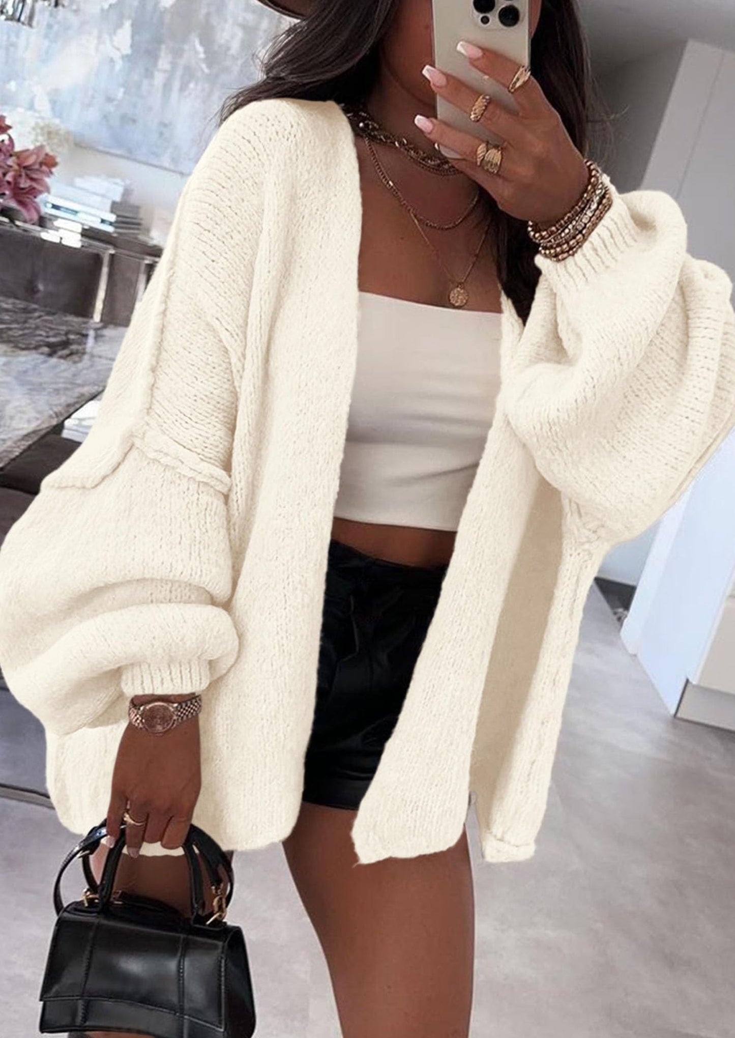 PRETTYGARDEN Womens Oversized Cardigan Sweaters Fall Long Lantern Sleeve Knit Open Front Lightweight Sweater